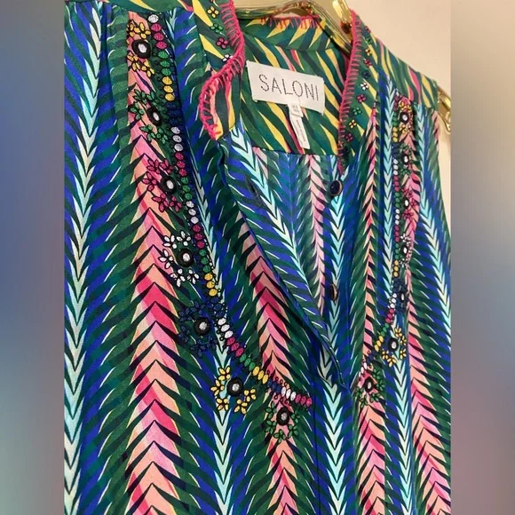 Saloni silk dress vibrant multicolor floral stripe US 4 tropical  vacation - Picture 6 of 6